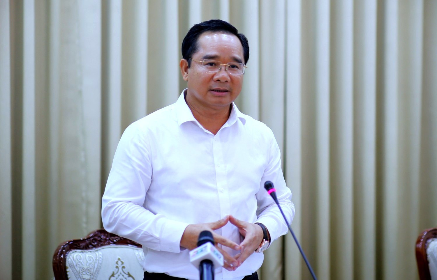 Chu tich UBND TPHCM Nguyen Van Duoc phat bieu tai buoi lam viec. Anh: Ha Khanh