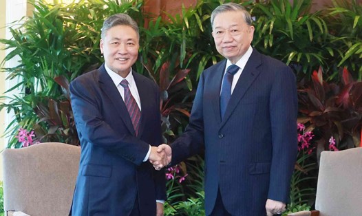 Tổng Bí thư Tô Lâm tiếp ông Tow Heng Tan, Chủ tịch Tập đoàn Sembcorp Industries, Singapore.  Ảnh: TTXVN