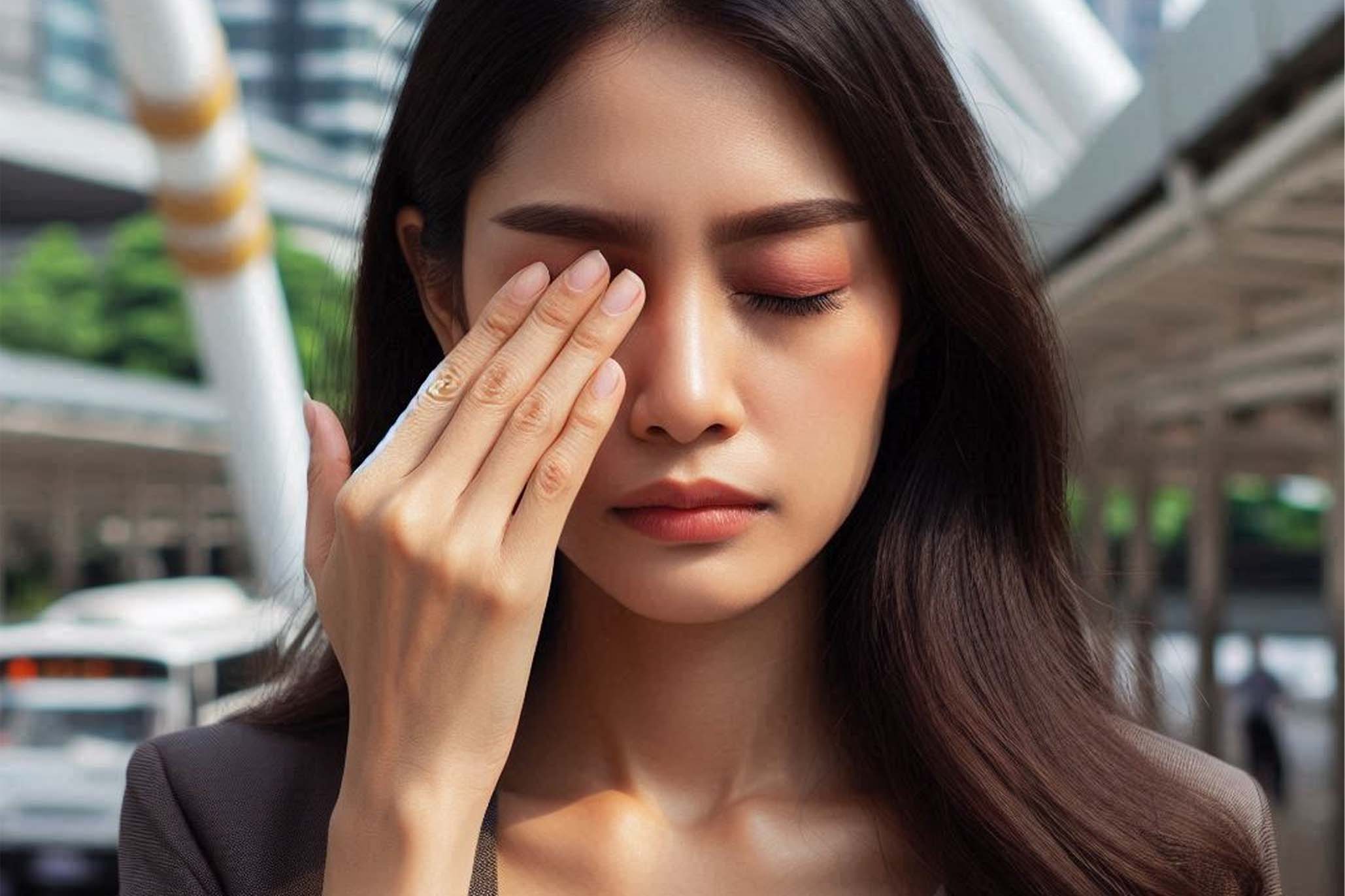 Los sintomas de los ojos secos incluyen ojos rojos persistentes, sensacion de ardor, picazon, sensibilidad a la luz, junto con fatiga y presion ocular. Foto - AI: Cat Tien