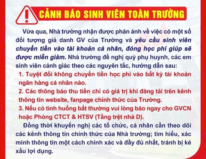 Ho Chi Minh City University of Industry posted a warning to students about scams. Photo: School