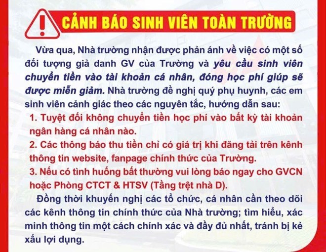 Trường Đại học Công nghiệp TPHCM đăng tải cảnh báo sinh viên về chiêu trò lừa đảo. Ảnh: Nhà trường