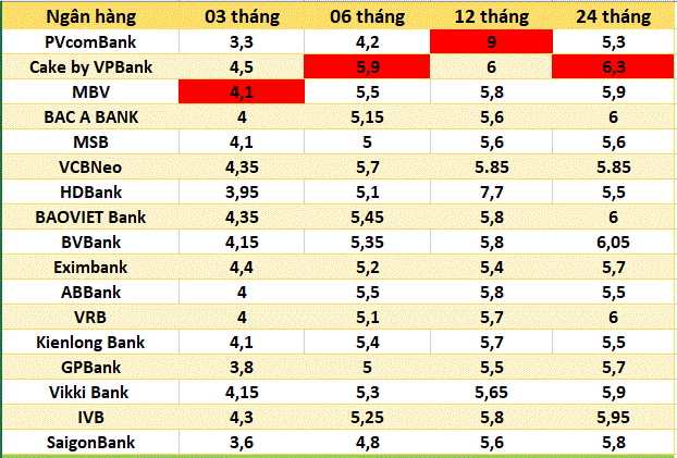 Top ngân hàng có lãi suất cao nhất thị trường hiện nay. Đồ họa: Hà Vy