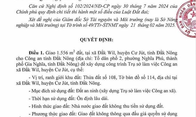 Đắk Nông giao 1.556m2 đất để xây trụ sở công an xã