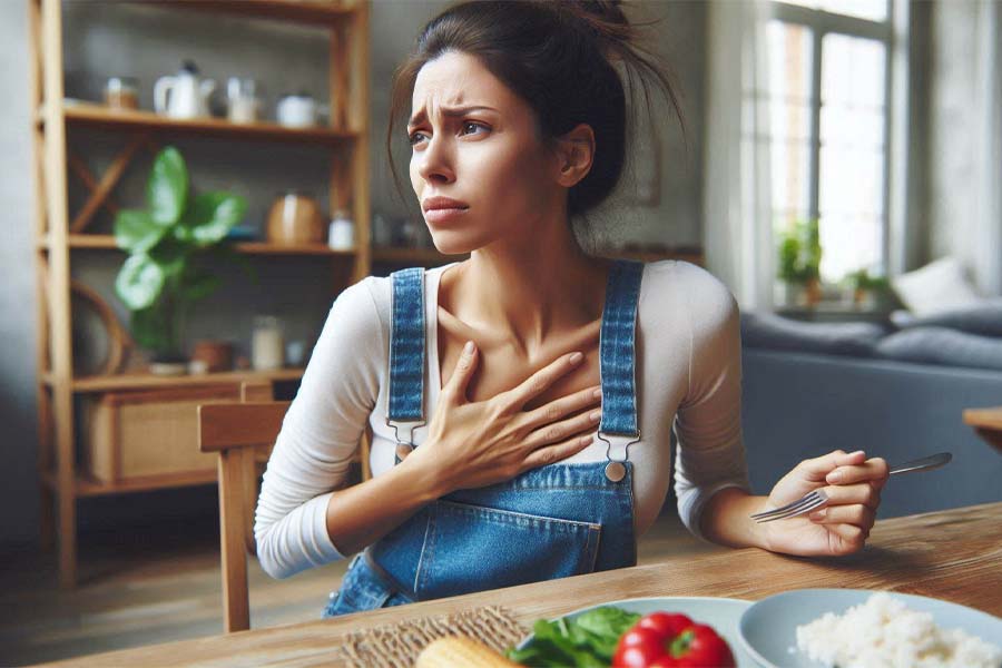 Many people feel burning in their chest after eating a well-done meal and tend to get worse at night or while sleeping. Photo - AI: Cat Tien