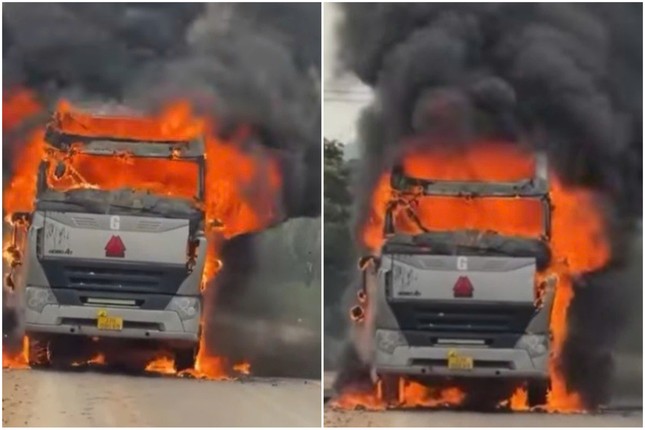 Scene of the tractor-trailer fire on Ho Chi Minh Road in Nghe An. Photo: Ngoc Anh