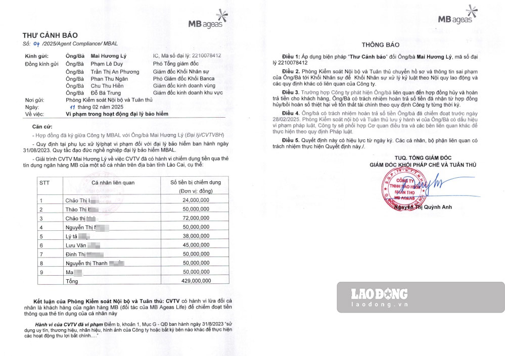 Đơn vị bảo hiểm cảnh báo và yêu cầu Mai Hương Lý hoàn trả số tiền đã rút. Ảnh: Đinh Đại 
