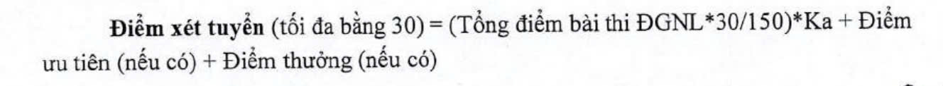 Công thức quy đổi điểm thi đánh giá năng lực về thang 30 khi xét tuyển vào Trường Đại học Thương mại năm 2025. Ảnh chụp màn hình 