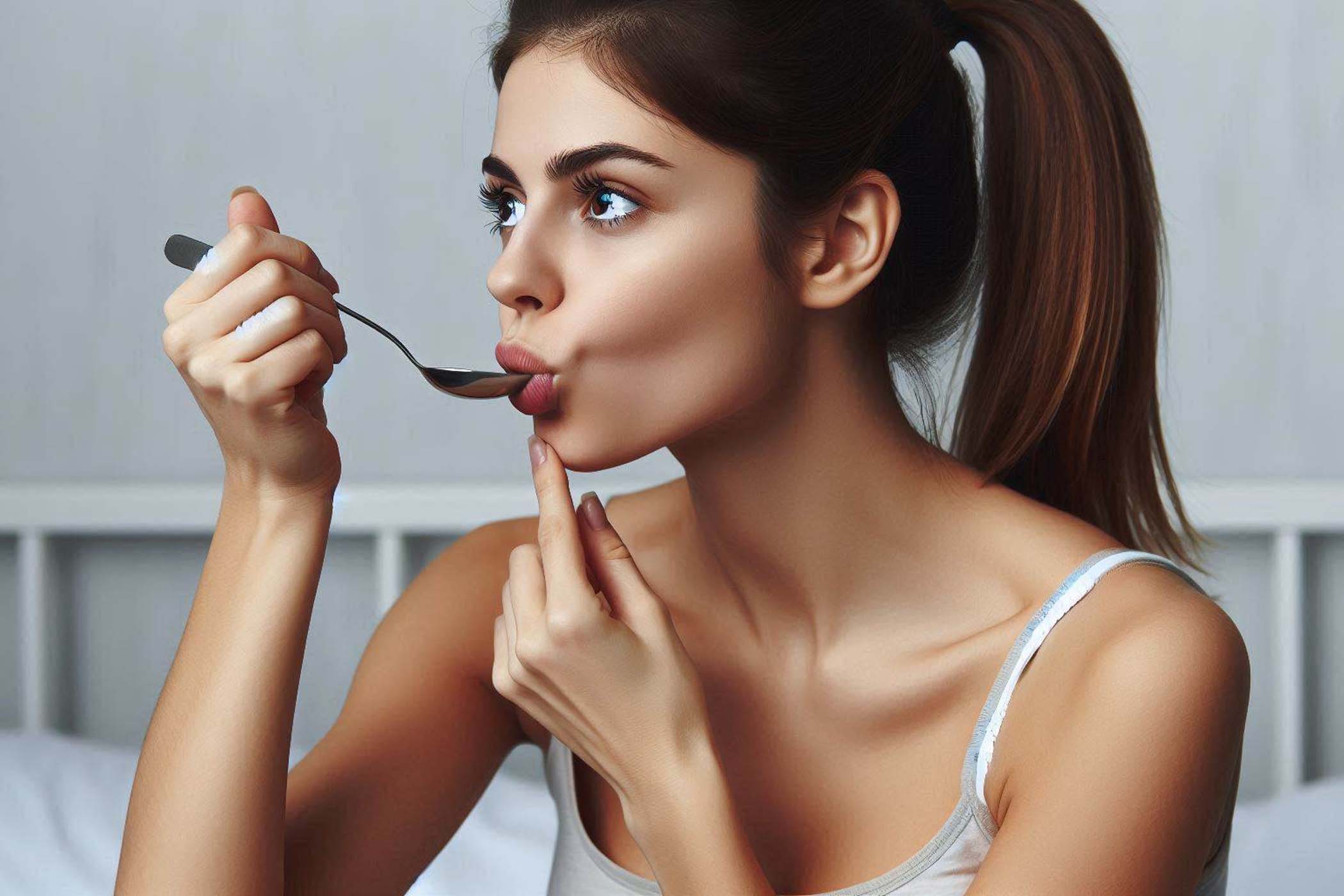 Facial yoga by holding a spoonful is becoming more and more popular thanks to the great benefits it brings to the skin and facial muscles. Photo - AI: Cat Tien