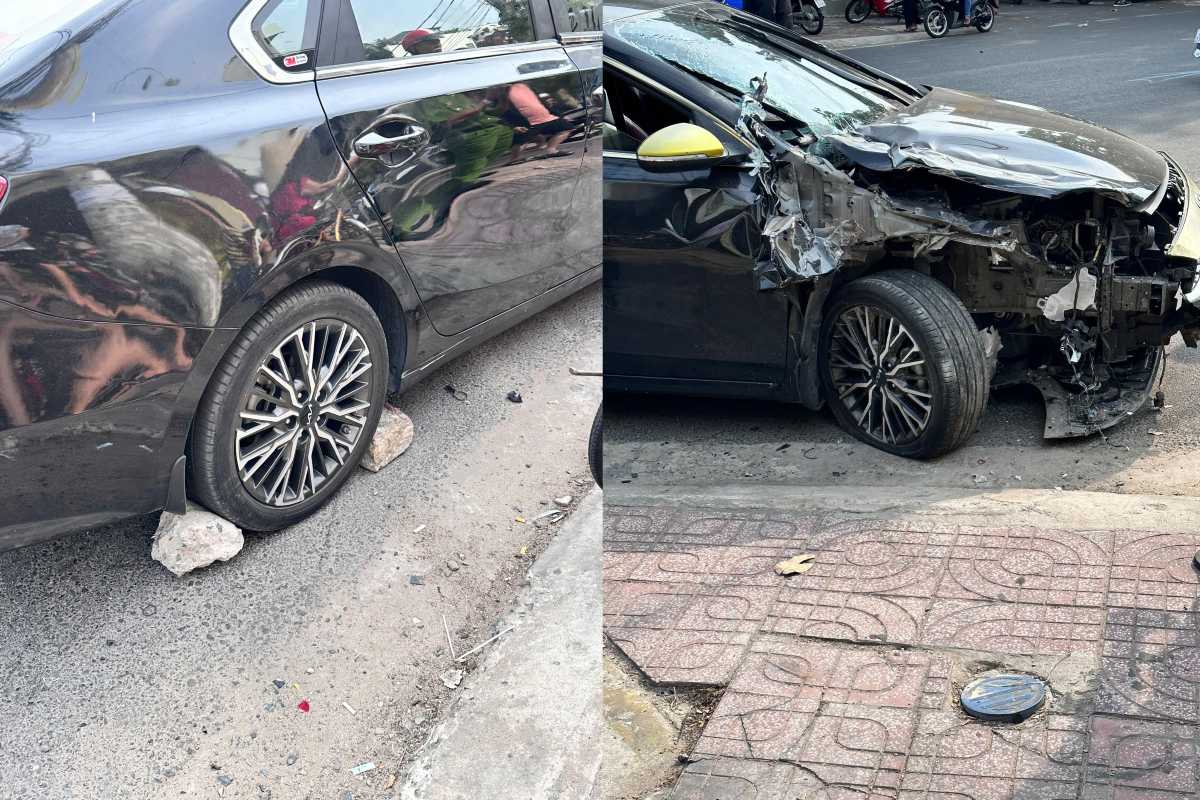The car was damaged after the accident and was used rocks to cover the wheel by local residents. Photo: Thanh An