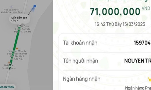 Hình ảnh đặt chuyến xe công nghê và chuyển nhầm tiền. Ảnh: Chị V.T.L cung cấp