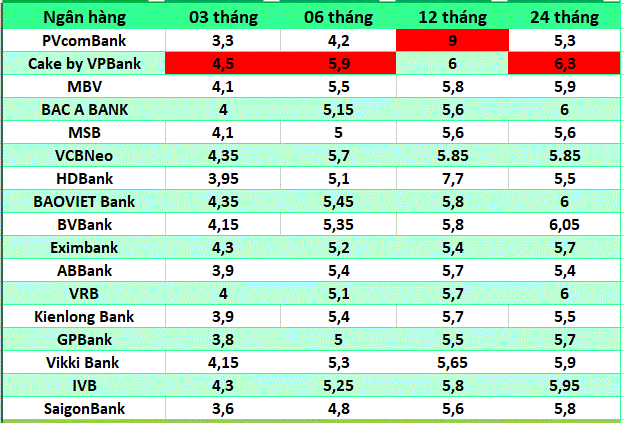 Top ngân hàng có lãi suất cao nhất thị trường hiện nay. Đồ họa: Hà Vy