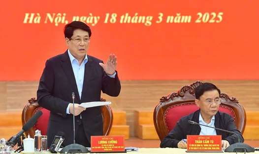 Ủy viên Bộ Chính trị, Chủ tịch nước Lương Cường đánh giá cao nội dung liên quan tới sắp xếp tổ chức bộ máy của Đảng ủy các cơ quan Đảng Trung ương. Ảnh: Thủy Nguyên