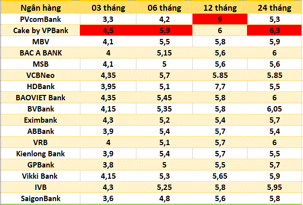 Top ngân hàng có lãi suất cao nhất thị trường hiện nay. Đồ họa: Hà Vy