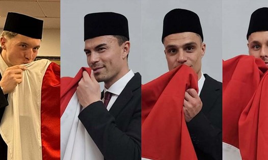 Ole Romeny, Emil Audero, Joey Pelupessy và Dean James (từ trái qua) trong lễ nhận quốc tịch Indonesia. Ảnh: Cắt từ video