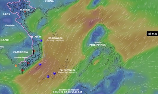 Dự báo không khí lạnh tiếp tục gây thời tiết xấu trên nhiều vùng biển thuộc Biển Đông. Trên đây là hình ảnh lớp hướng gió trên biển cập nhật hồi 10h30 ngày 19.3. Ảnh: Hệ thống Giám sát thiên tai Việt Nam