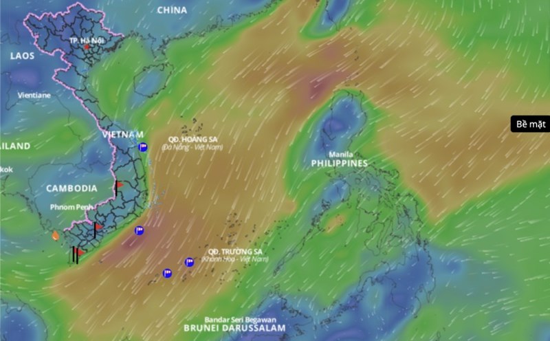 Cold air is forecast to continue to cause bad weather in many sea areas of the East Sea. above is an image of the sea wind direction updated at 10:30 on March 19. Photo: Vietnam Disaster Monitoring System