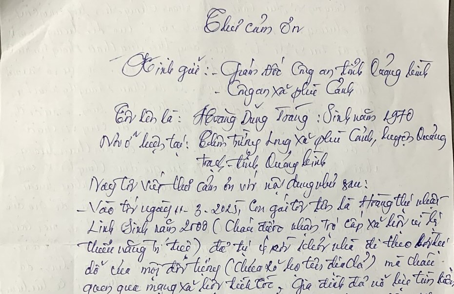 A thank you letter from the people sent to Phu Canh Commune Police. Photo: Quang Binh Police