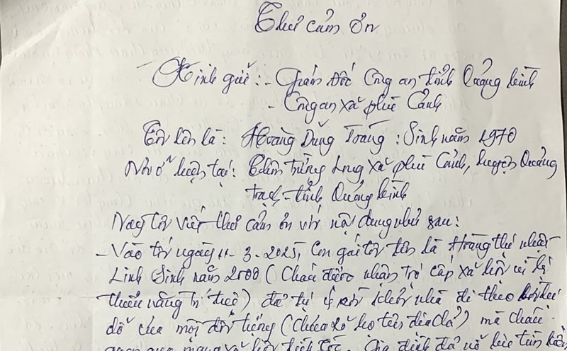 A thank you letter from the people sent to Phu Canh Commune Police. Photo: Quang Binh Police