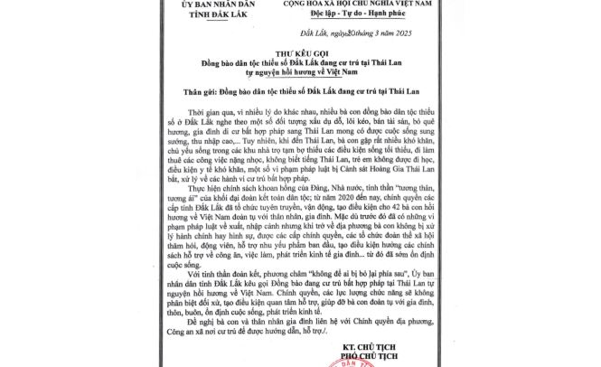 Letter calling for people to return home from the Dak Lak Provincial People's Committee. Photo: Dak Lak Provincial People's Committee