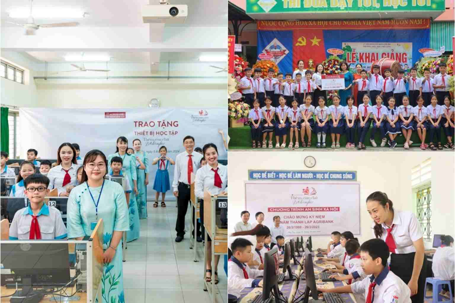 Chuong trinh trao tang tu sach, thiet bi hoc tap “Them con chu, bot doi ngheo” voi muc dich ho tro cac truong hoc, dac biet tai cac dia ban kho khan, nong thon, vung sau vung xa. Anh: Agribank