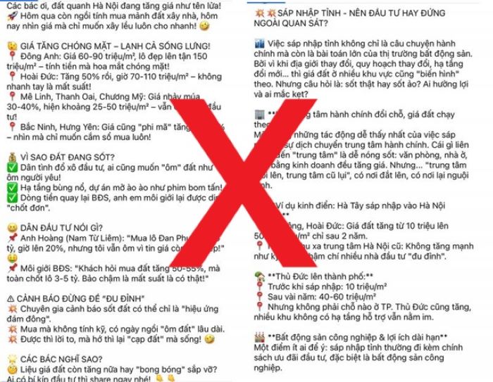 On social network Facebook, many content posts appeared taking advantage of rumors of merging provinces to "inflate" real estate prices. Illustrative photo: Thai Binh Provincial Police Portal