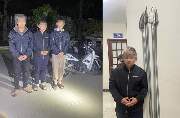 Nhóm đối tượng và vũ khí tự chế bị công an tam giữ. Ảnh: CA cung cấp