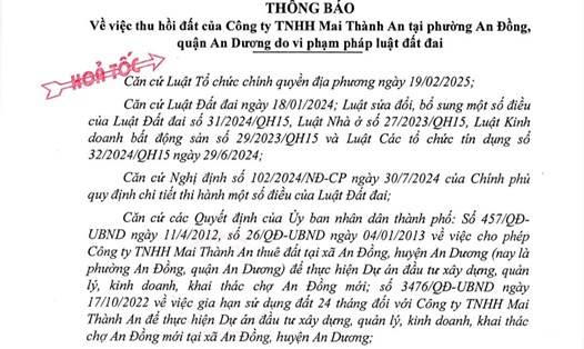Thông báo thu hồi đất của UBND TP Hải Phòng. Ảnh: Cổng TTĐT Hải Phòng