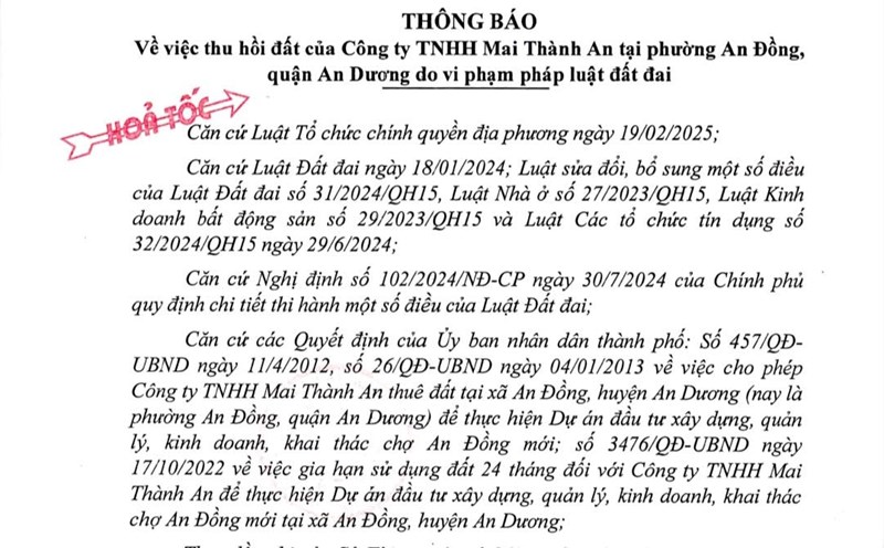 Notice of land reclamation of Hai Phong City People's Committee. Photo: Hai Phong Portal