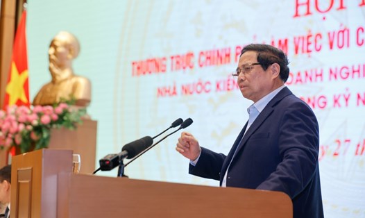 Ủy viên Bộ Chính trị, Thủ tướng Chính phủ Phạm Minh Chính chủ trì Hội nghị Thường trực Chính phủ làm việc với các doanh nghiệp nhỏ và vừa Việt Nam hôm 27.2. Ảnh: VGP