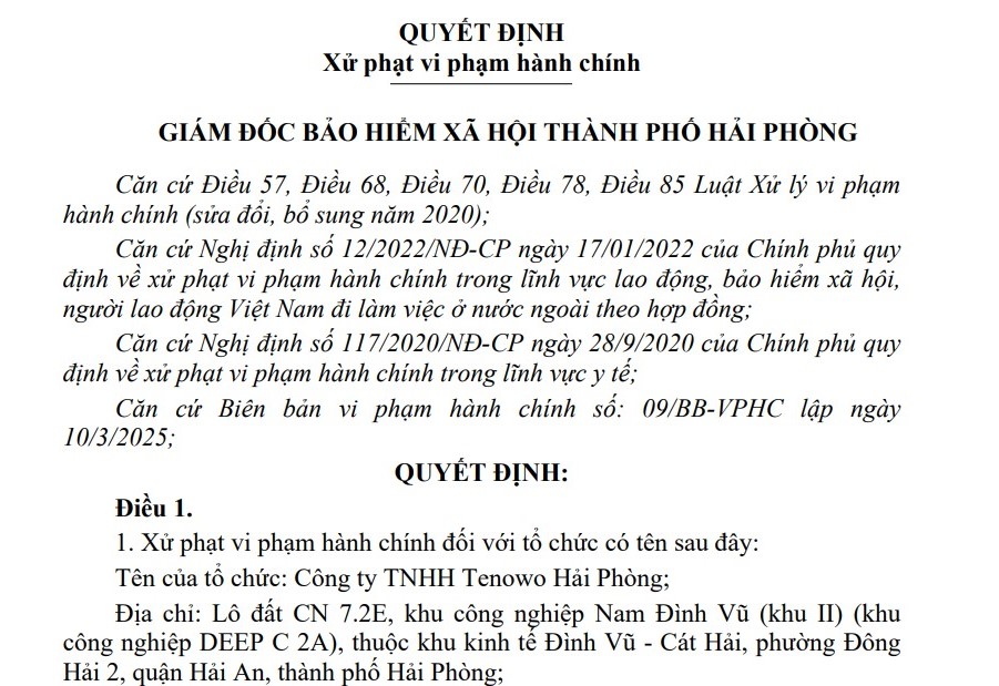 Penalty decision of Hai Phong City Social Insurance. Screenshot