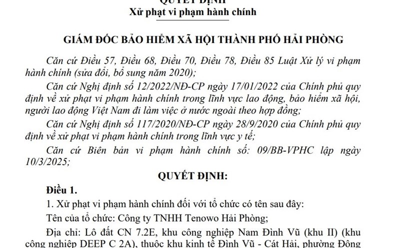 Penalty decision of Hai Phong City Social Insurance. Screenshot