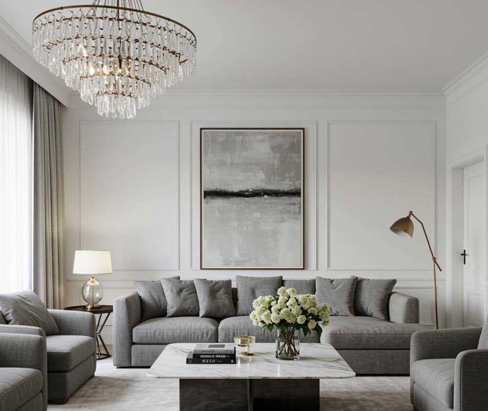 Coordinating gray interior with white wall paint will make the living space more luxurious. Photo: AI - Dat