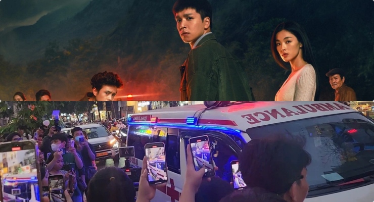 The crew of the movie Am Duong Lo was criticized for using ambulances to the event. Photo: Cut clip, Mega provided.