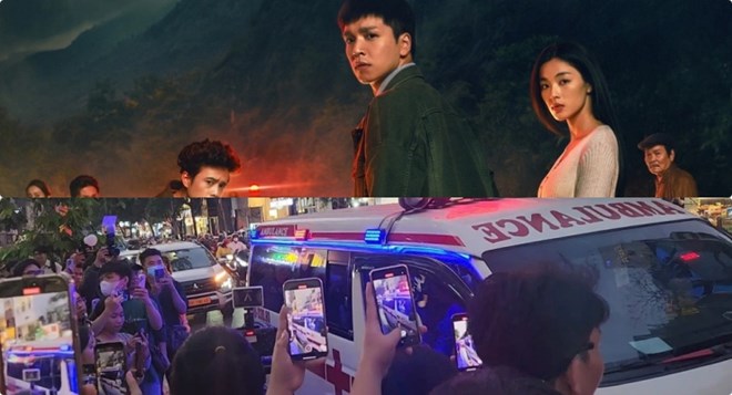The crew of the movie Am Duong Lo was criticized for using ambulances to the event. Photo: Cut clip, Mega provided.