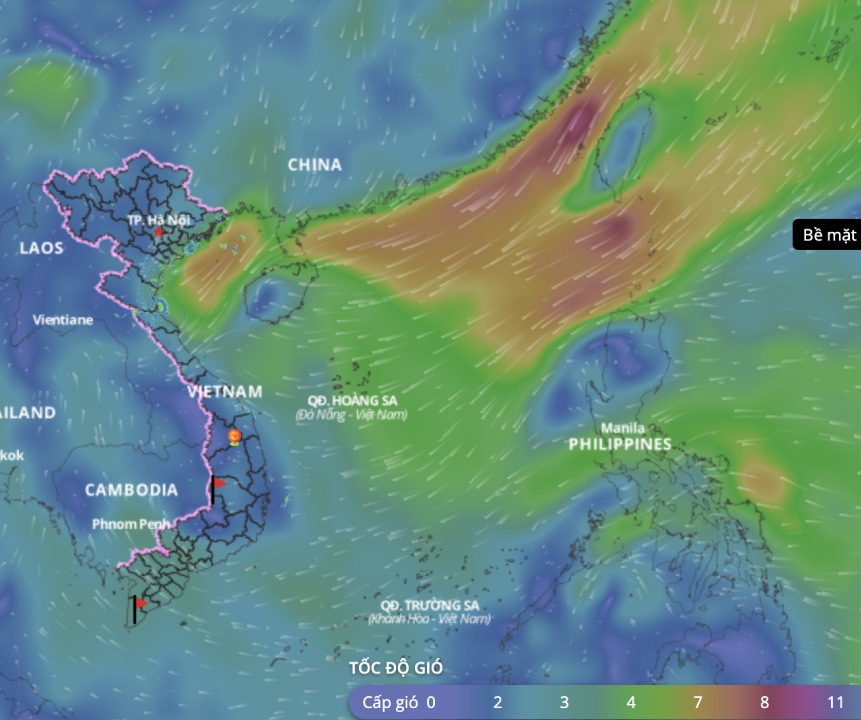 Cold air is forecast to continue to cause bad weather in the Gulf of Tonkin. above is an image of the sea wind direction updated at 10:00 on March 29. Photo: Vietnam Disaster Monitoring System
