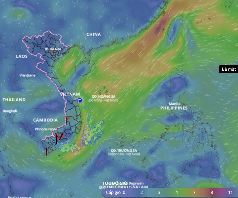 Se preve que el frio continue provocando inclemencias en el Golfo de Tonkin. Aqui hay una imagen de la capa de viento en el mar actualizada a las 10:00 del 31 de marzo. Imagen: Sistema de monitoreo de desastres en Vietnam