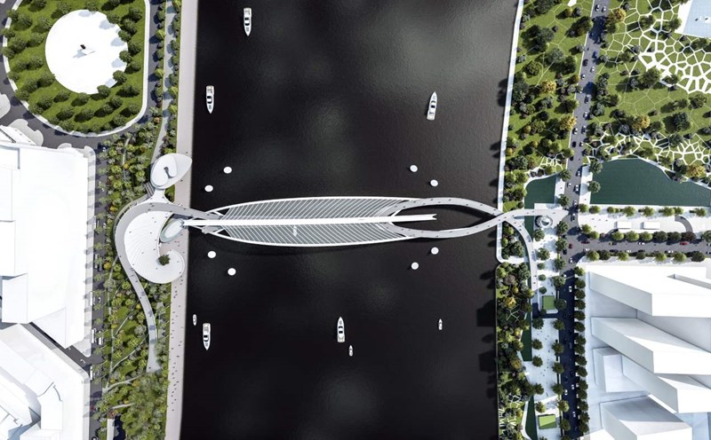 The pedestrian bridge across the Saigon River has an architectural design in the image of water coconut leaves. Photo: Consulting consortium