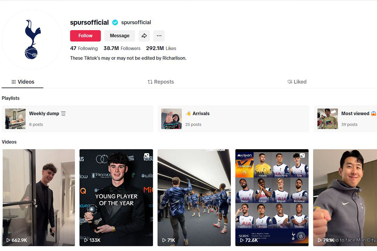 Spurs' homepage on the TikTok platform has more than 38 million followers (screenshot)