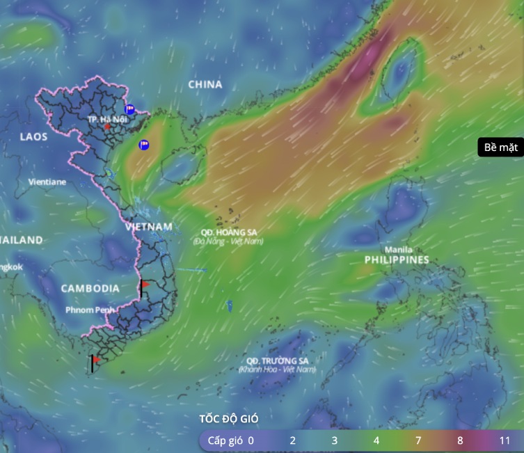 Cold air is forecast to continue to cause bad weather in the Gulf of Tonkin. above is an image of the sea wind direction updated at 11:00 on March 30. Photo: Vietnam Disaster Monitoring System
