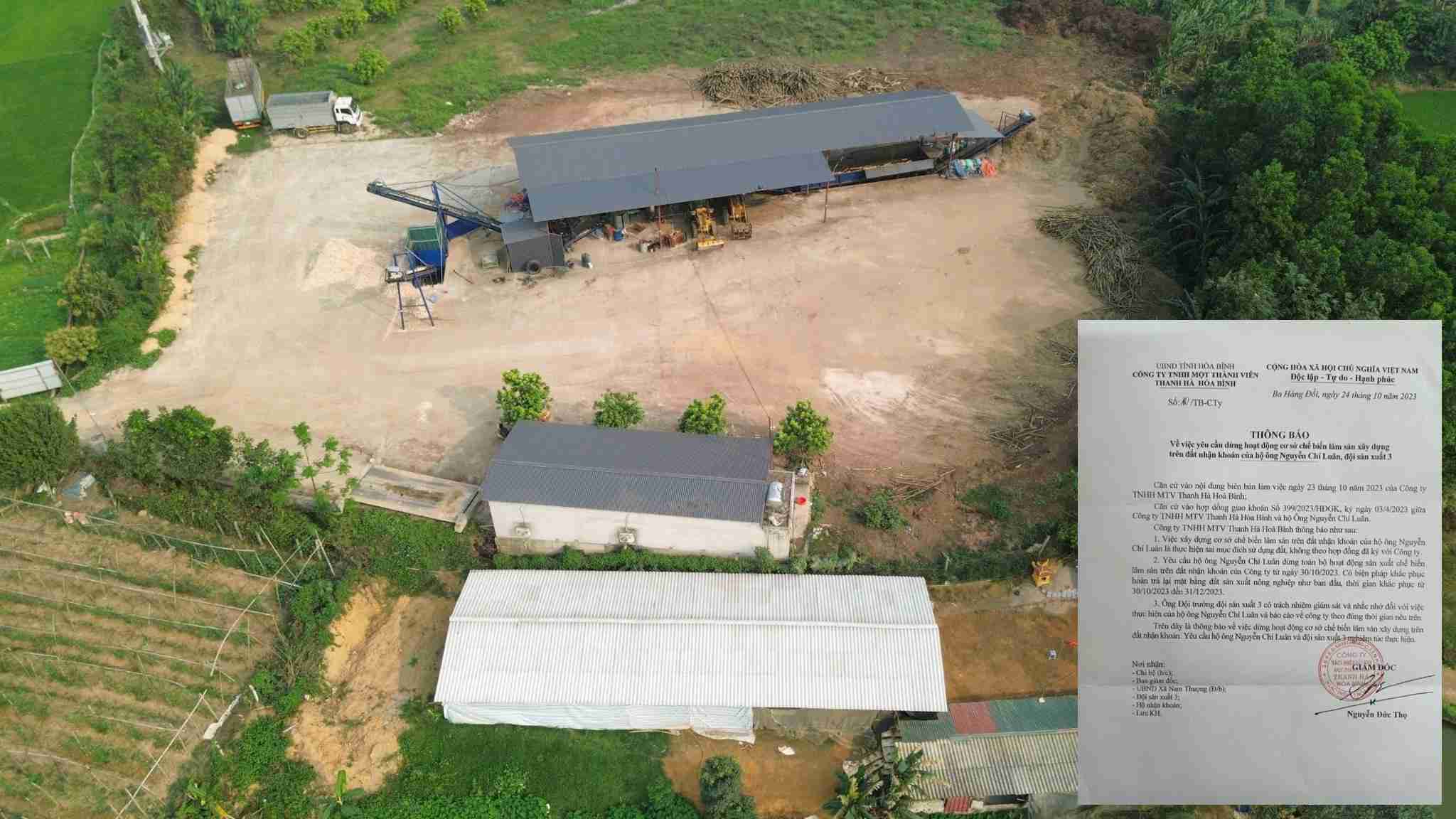 Xưởng gỗ quy mô lớn xây dựng trái phép trên đất nông nghiệp, nằm ngay cạnh trụ sở UBND xã Nam Thượng, huyện Kim Bôi, Hòa Bình. Ảnh: Minh Nguyễn