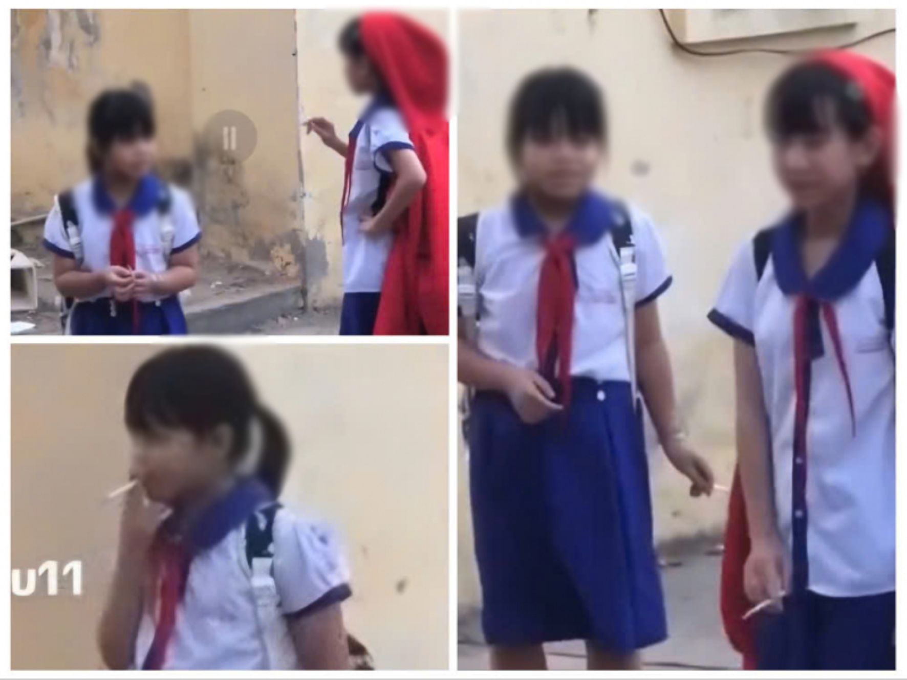 Hinh anh nu sinh tieu hoc o An Giang hut thuoc la. Anh: Cat tu clip tren mang xa hoi