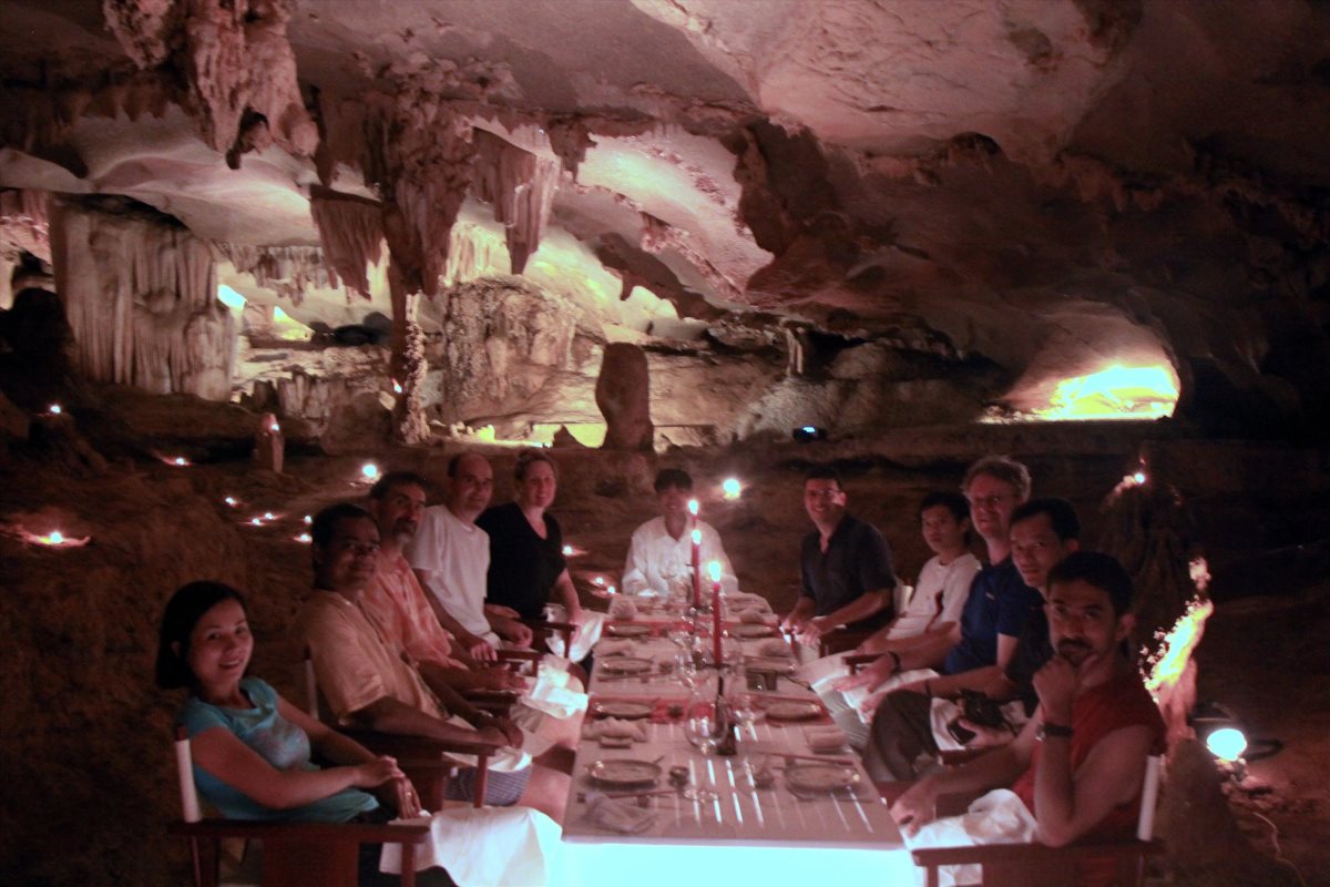 A group of luxury tourists had a light party in Thien Canh Son cave (also known as Ho cave) in Ha Long Bay. Photo: Nguyen Hung