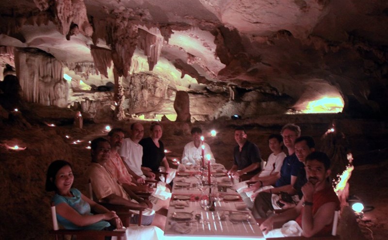 A group of luxury tourists had a light party in Thien Canh Son cave (also known as Ho cave) in Ha Long Bay. Photo: Nguyen Hung