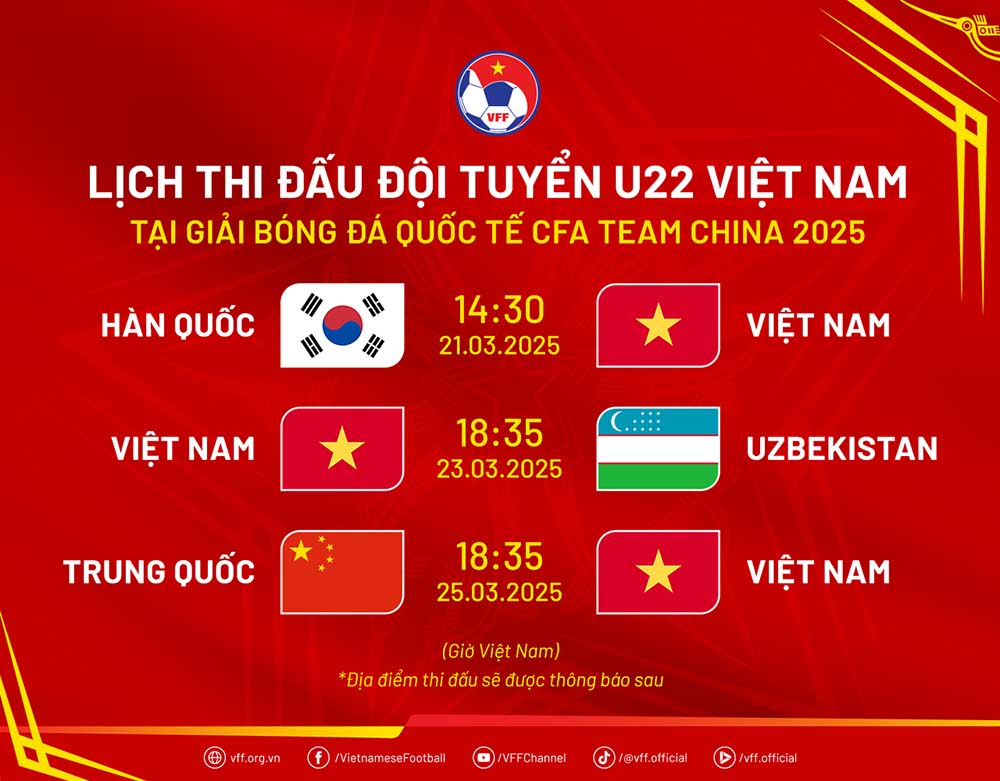 Lich thi dau cua U22 Viet Nam tai giai CFA Team China 2025. Anh: VFF