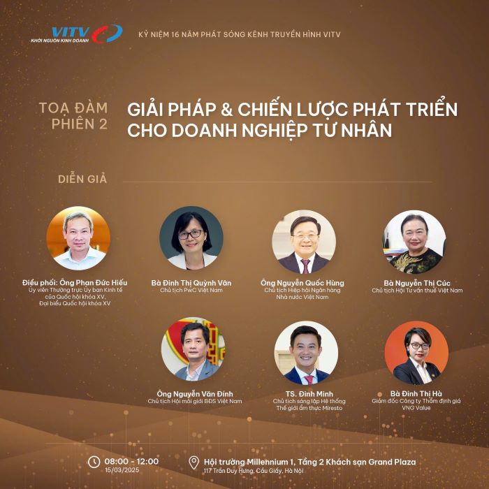 Su kien Toa dam Kinh te tu nhan Viet Nam - Giai doan but pha 2025 -2030 la dien dan de cac chuyen gia kinh te, nha hoach dinh chinh sach va dai dien doanh nghiep cung trao doi, thao luan ve nhung xu huong moi, dua ra giai phap de nang cao nang luc canh tranh, phat trien ben vung