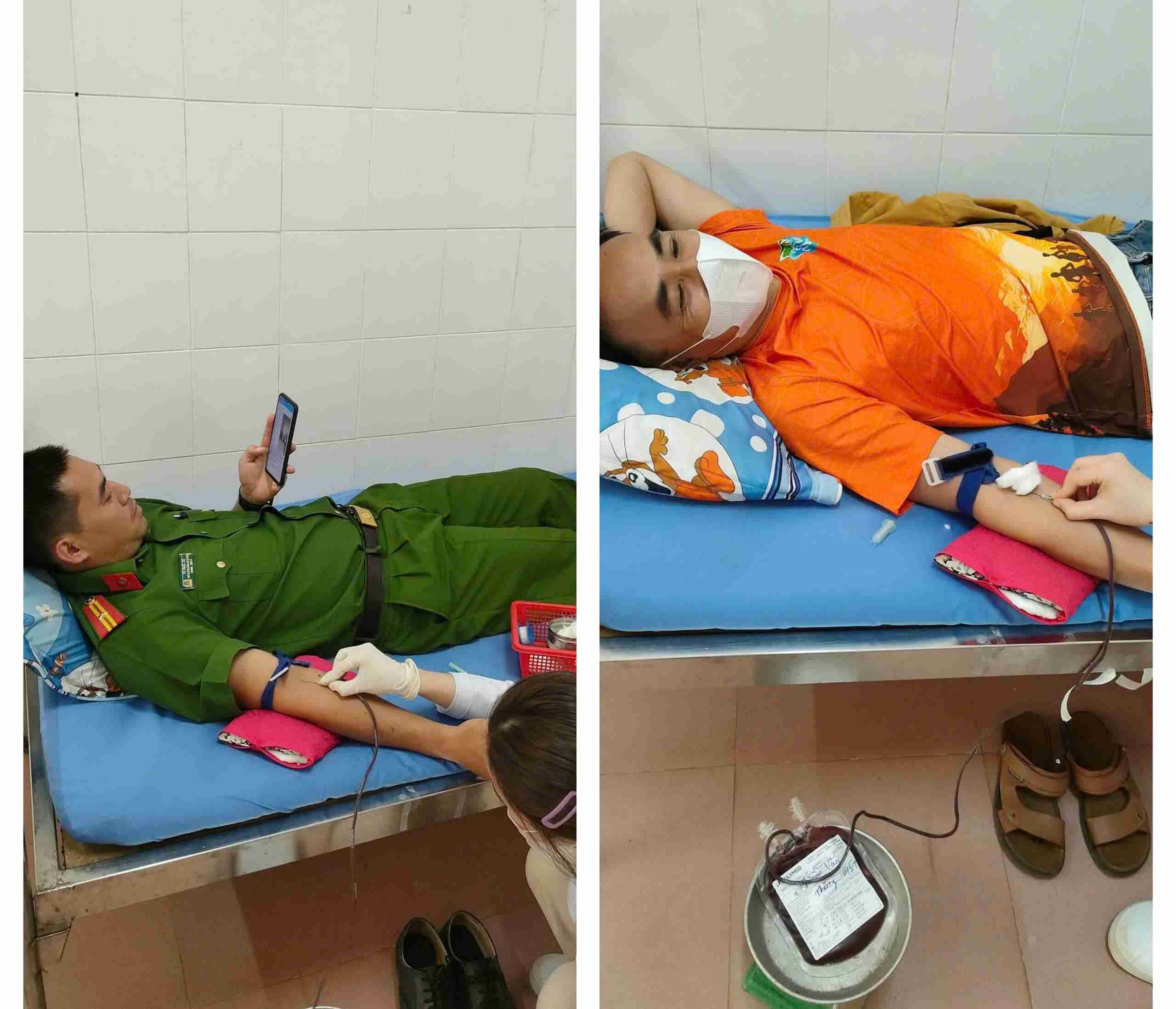 Major Vu Ngoc Du, Tan Nghia Commune Police officer and Mr. Tran Van Thang donated blood to save lives. Photo: Bao Lam