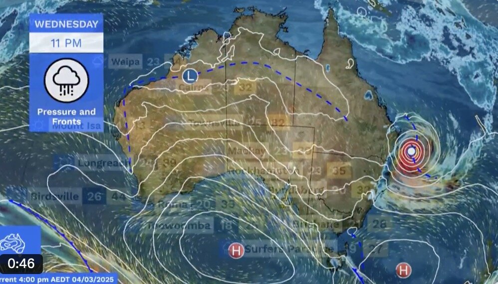 Vi tri cua bao Alfred. Anh: Bureau of Meteorology Australia