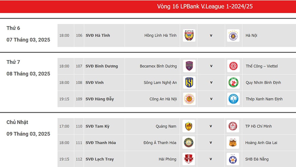 Lich thi dau vong 16 LPBank V.League 2024-2025. Anh: VPF