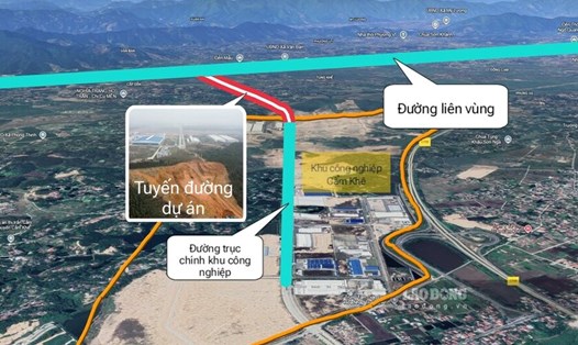 Tuyến nhánh đường lên vùng nối khu công nghiệp Cẩm Khê đang được thi công (đoạn màu đỏ). Đồ họa: Tô Công.