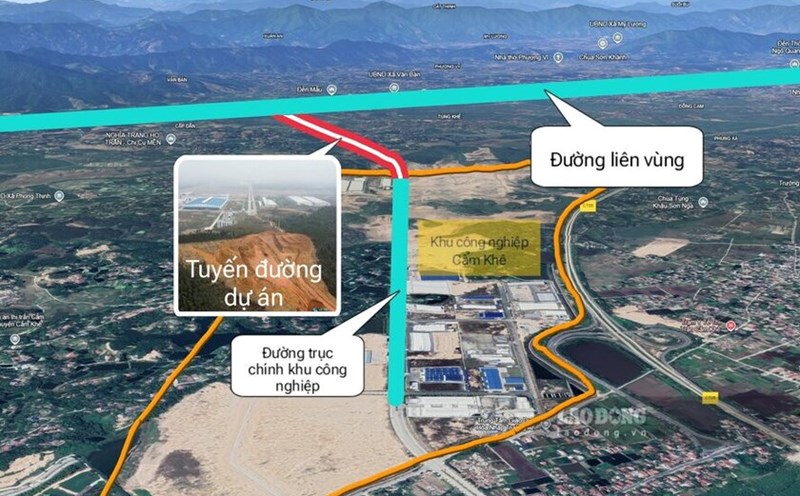 The branch road to the area connecting Cam Khe industrial park is under construction (red section). Graphics: To Cong.